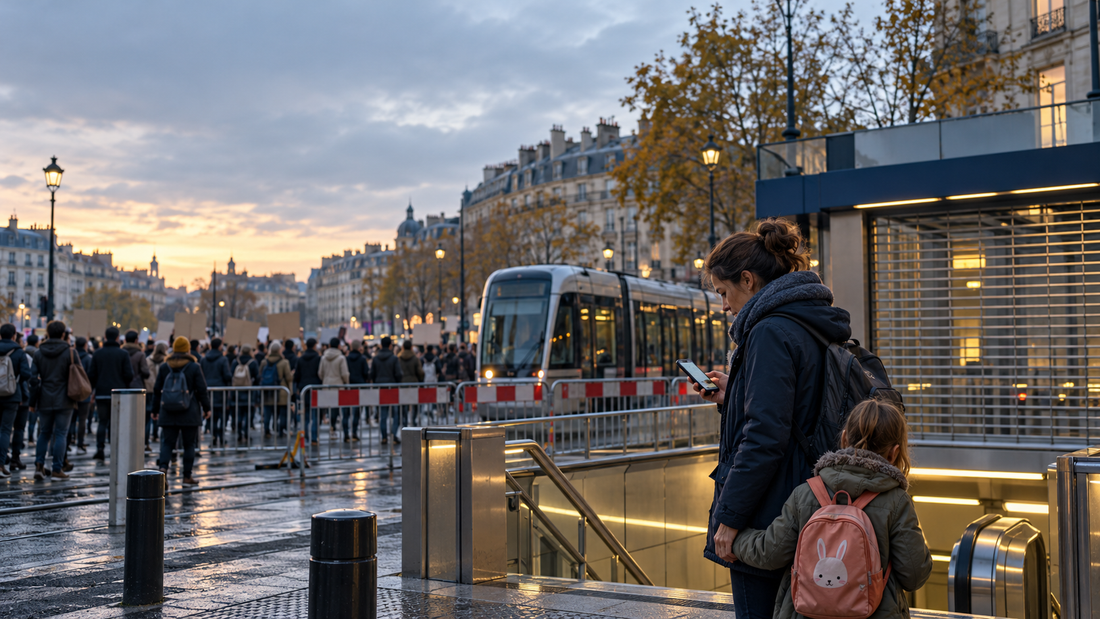 City street closed during a protest, with commuters checking an alternative route